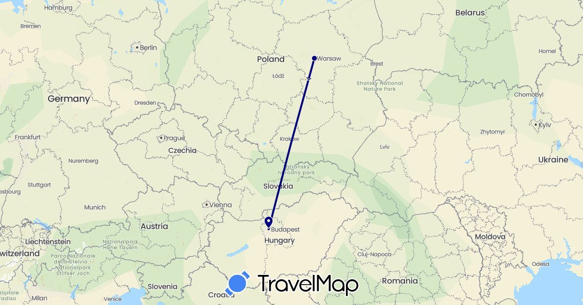 TravelMap itinerary: driving in Hungary, Poland (Europe)